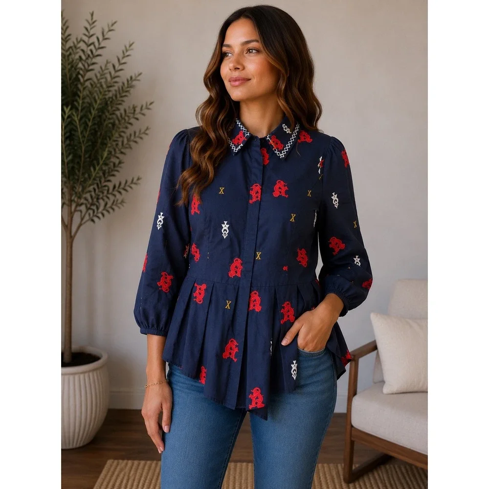 MI^2 Square Mile Navy Blue Embroidered Peplum Blouse Top Red White Small